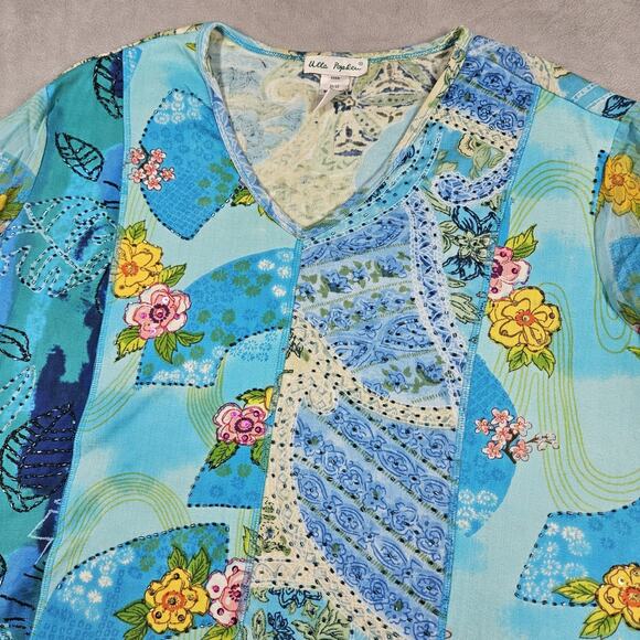 Ulla Popken Top Womens 20/22 Blue Art To Wear Beaded Patchwork Beachy Preppy - Picture 2 of 13